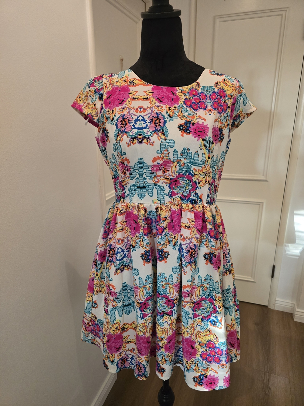 Floral Fit-and-Flare Dress in White with Pink & Teal Accents